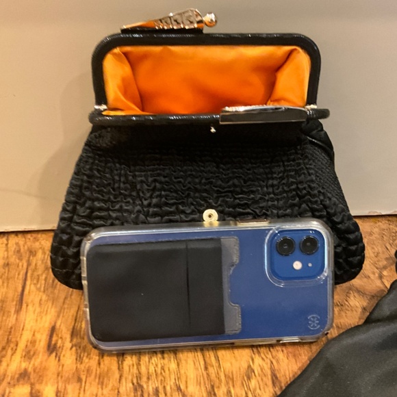 FENDI Borderline Clutch in Black Pleated Satin with Gold and Silver Kiss Lock - Picture 13 of 14